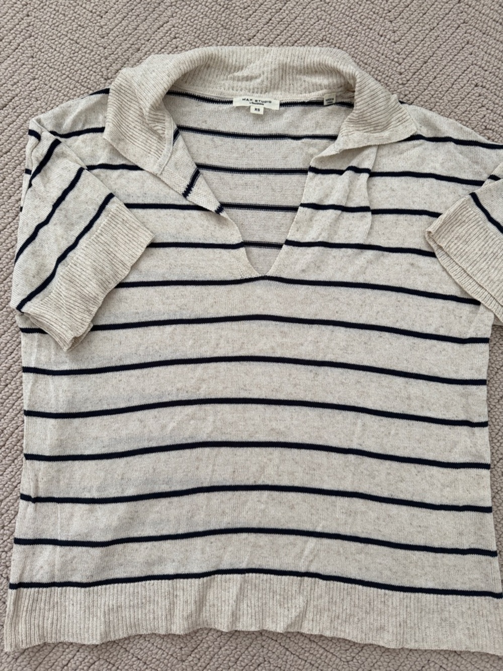 Max Studio Cream and Navy Striped Polo Knit Top
